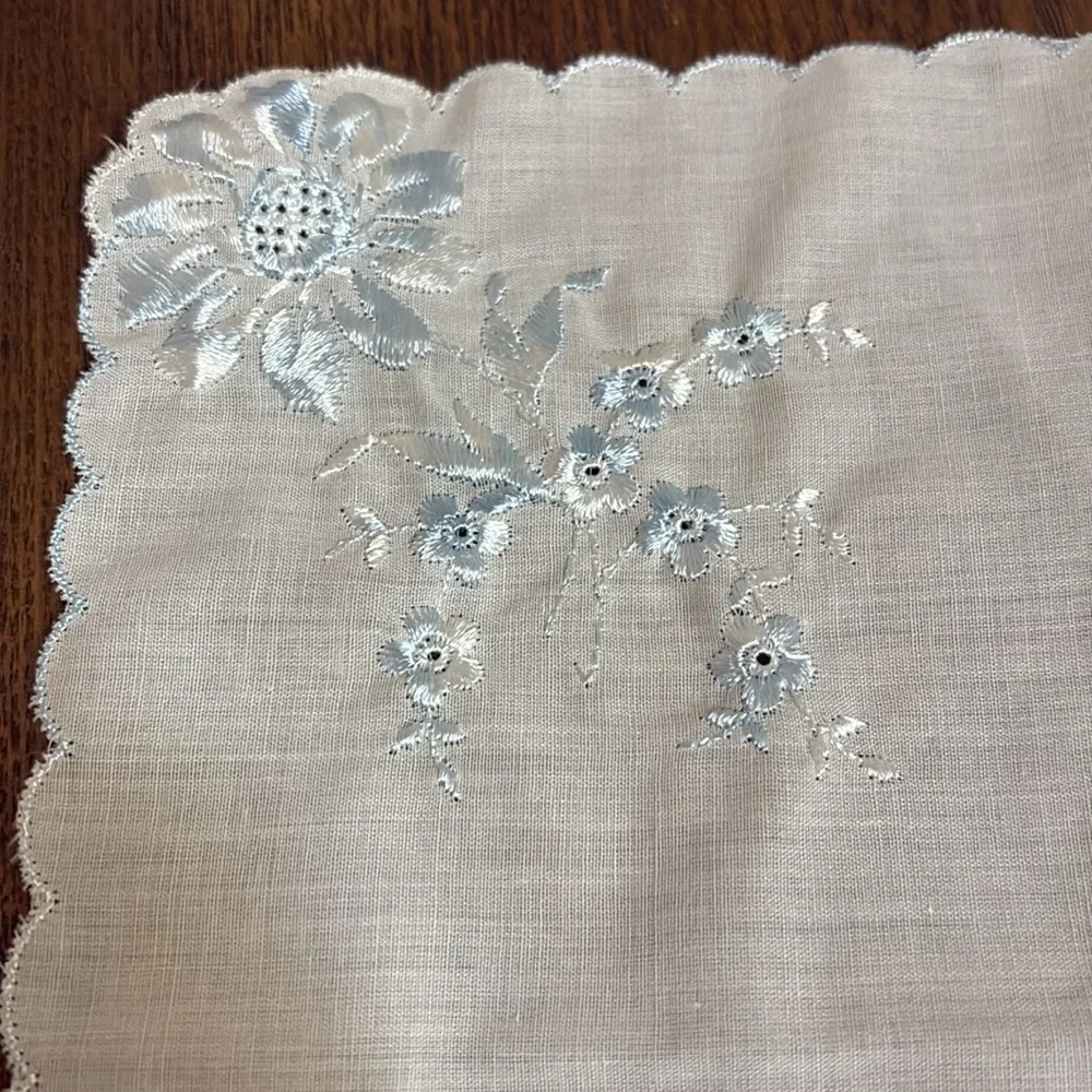 Elegant White Blue Embroidered Flower Handkerchief - Picture 2 of 3